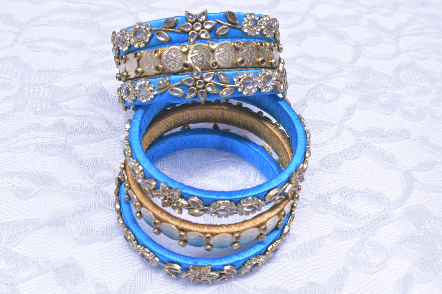 Made to Order - Blue Silk Thread Custom Designed Kundan Bangles - Mixed
