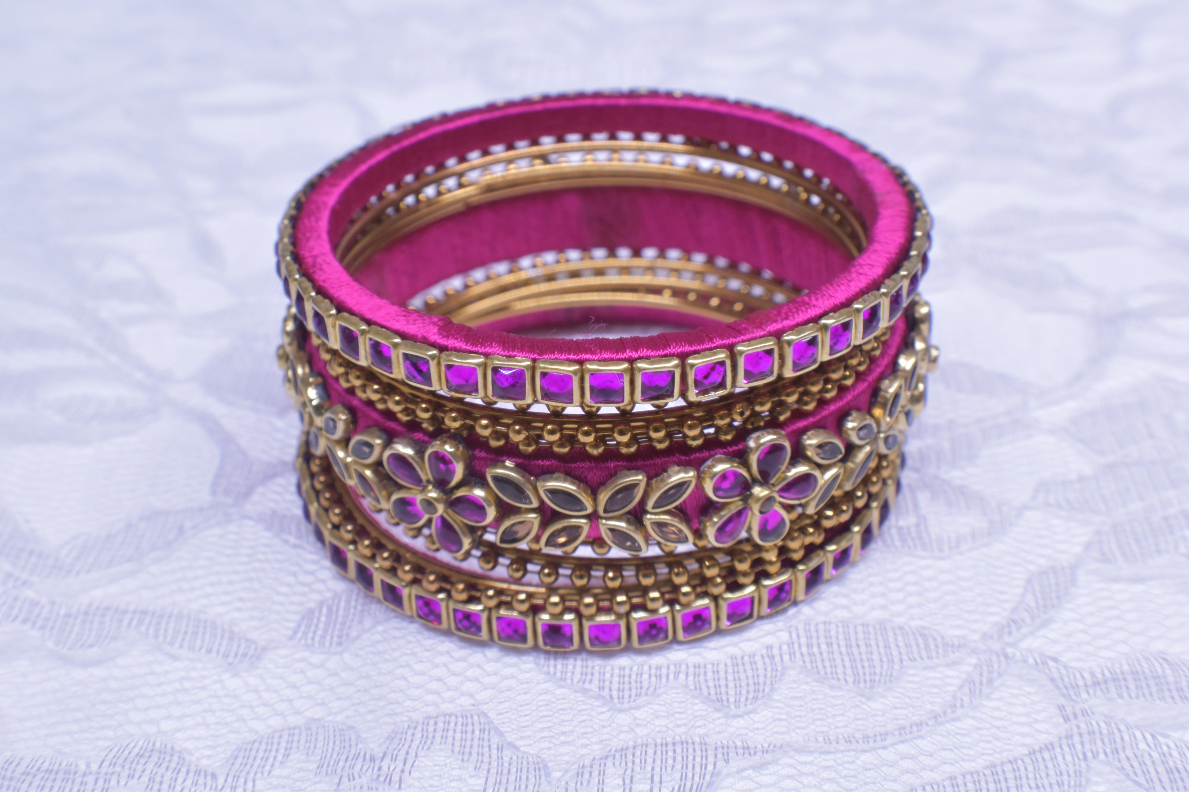Made to Order - Magenta Pink - Silk Thread Custom Designed Kundan Bangles - Mixed