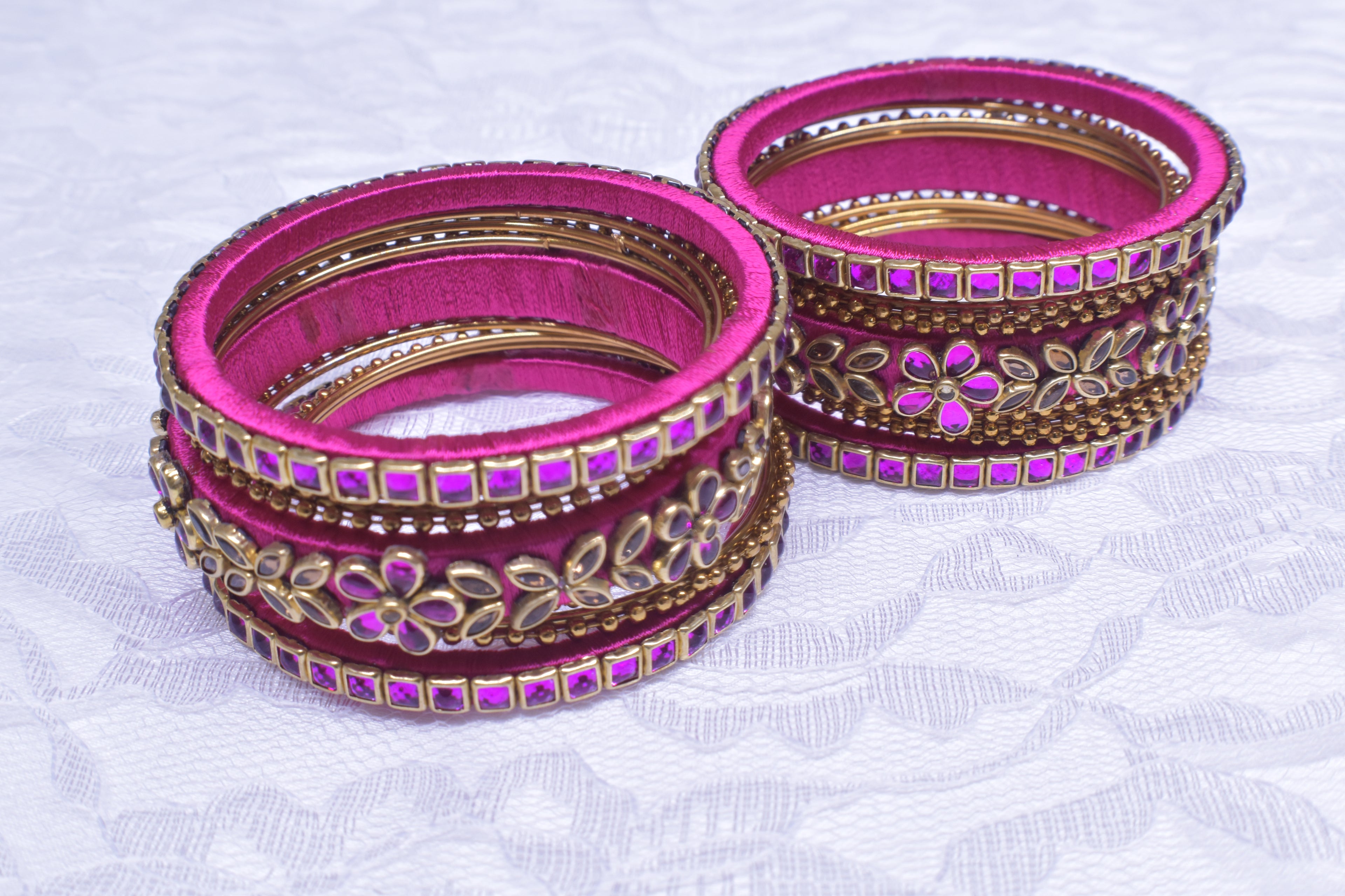 Made to Order - Magenta Pink - Silk Thread Custom Designed Kundan Bangles - Mixed